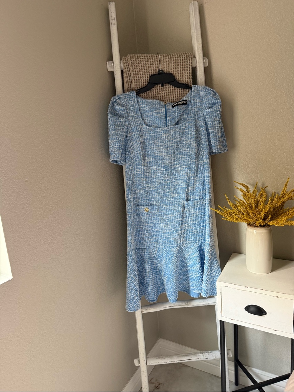 Karl Lagerfeld Light Blue Knit Midi Dress with Square Neck